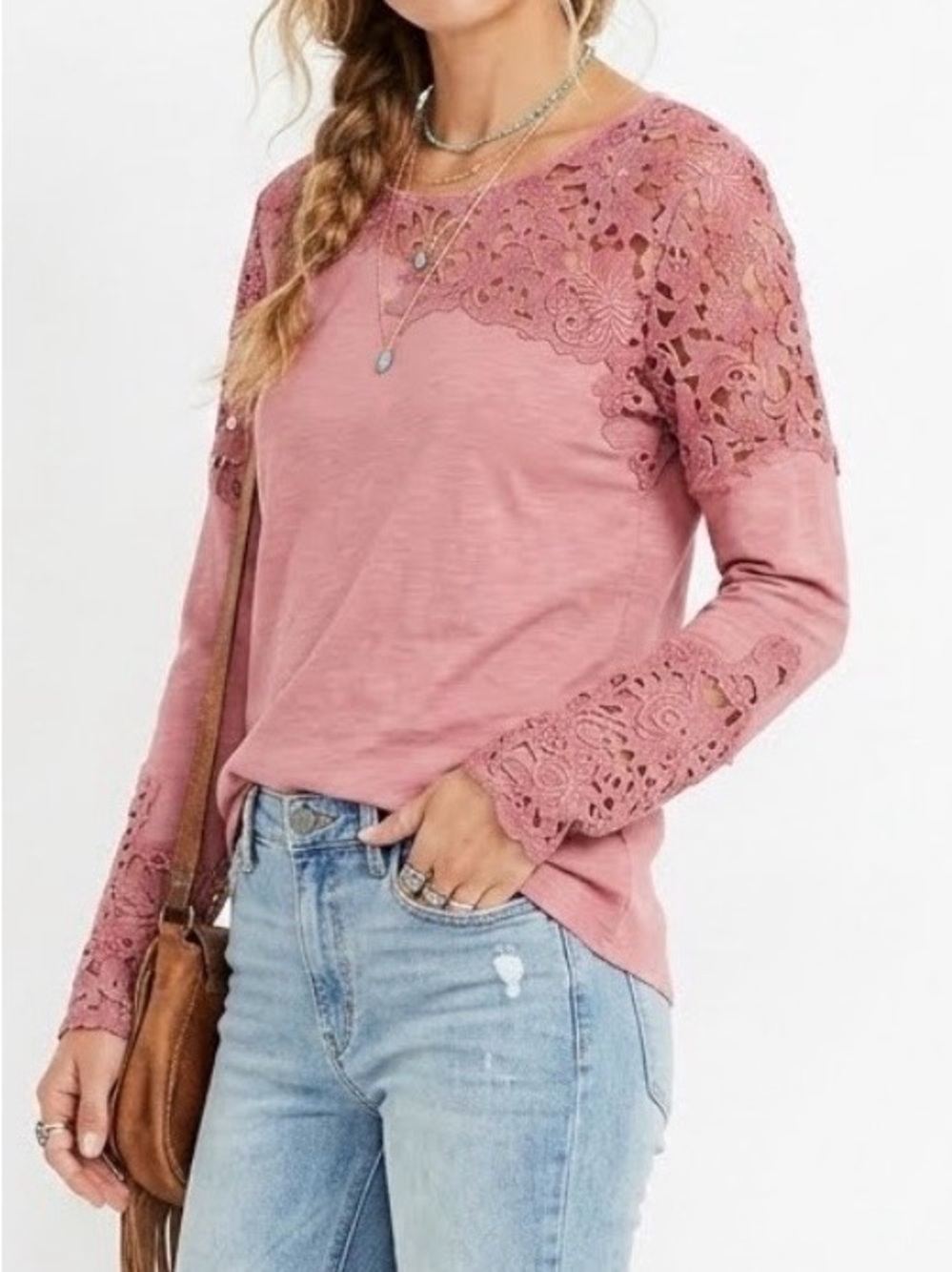 Sundance Lovelier Days Lace Long Sleeve Tee Top Size L Pink Crochet Boho Cutout